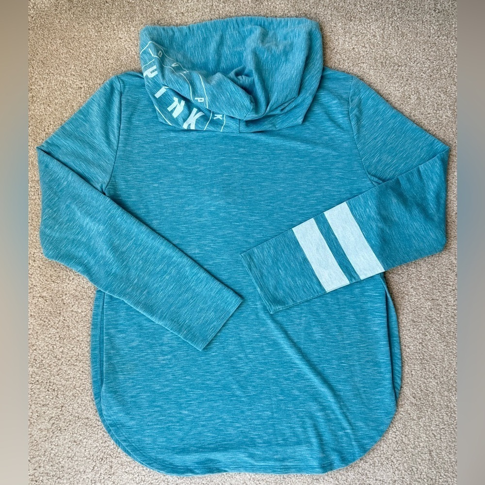 PINK Victoria’s Secret Hoodie Tunic Pastel Blue & White Lightweight Medium - Picture 6 of 9
